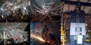 A collage of images showing scrap metal and an industrial boiler being removed